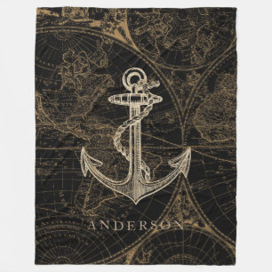 Oude Wereld Nautical Anchor Monogram Black Fleece Deken