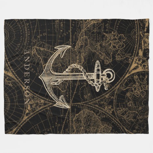Oude Wereld Nautical Anchor Monogram Black Fleece Deken (Voorkant (Horizontaal))