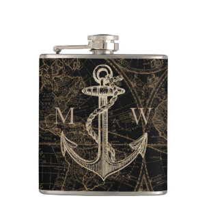 Oude Wereld Nautical Anchor Monogram Black Heupfles