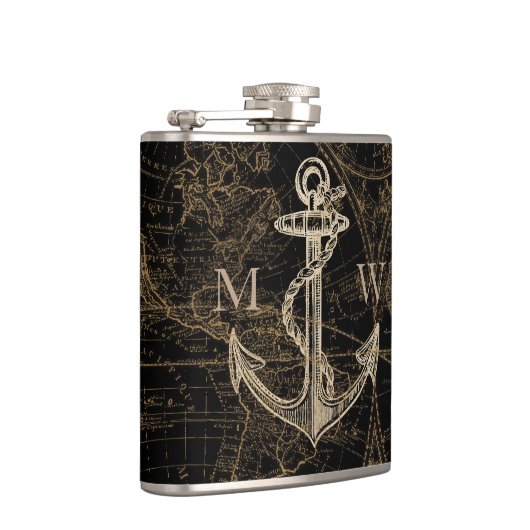 Oude Wereld Nautical Anchor Monogram Black Heupfles (Rechts)