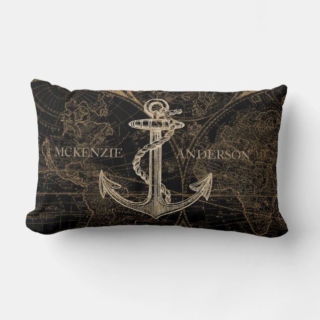 Oude Wereld Nautical Anchor Monogram Black Kussen (Voorkant)