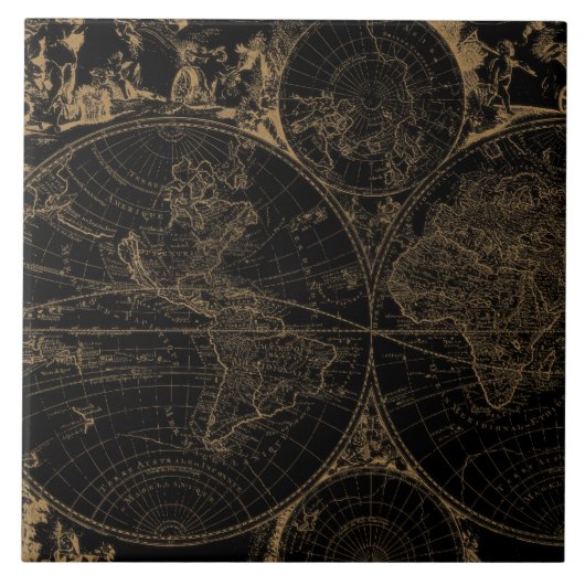 Oude Wereld Reiskaart Nautisch Zwart Tegeltje (Voorkant)