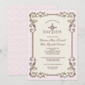 Oude Wereld Roze Doop Tweeling Uitnodiging (Voorkant / Achterkant)