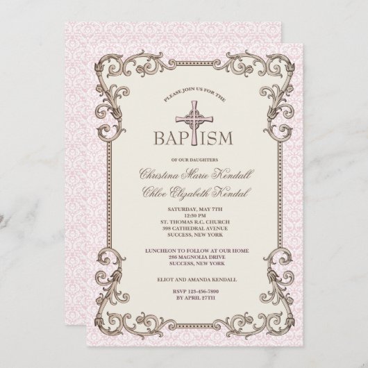 Oude Wereld Roze Doop Tweeling Uitnodiging (Voorkant / Achterkant)