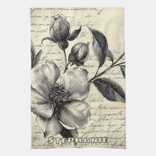 Oude Wereld Sepia Bloemenschets Perkament Theedoek