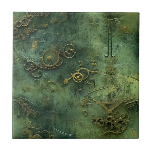 Oude Wereld Steampunk Tandwielen Smaragd Tegeltje (Voorkant)