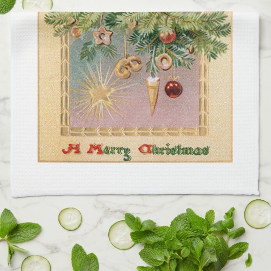 Oude Wereld Vader Kerstmis en Versierde Boom Theedoek (Gevouwen)