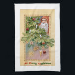 Oude Wereld Vader Kerstmis en Versierde Boom Theedoek<br><div class="desc">Oude wereld rood-robed en hooded Father Christmas met boom versierd met Victoriaans ornamenten en goodies in gouden rand en Merry Christmas tekst.</div>