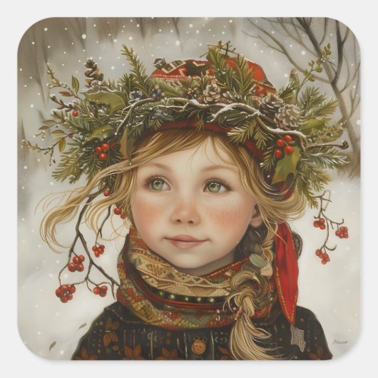 Oude Wereld Winter Kind Vierkante Sticker (Voorkant)