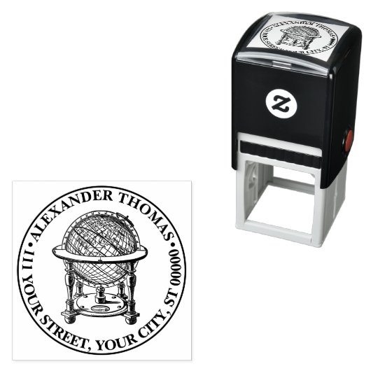 Oude Wereldbol Lithografie #2 Naam Adres Zelfinktende Stempel (In situ)