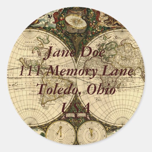 Oude Wereldkaart Adres Sticker (Voorkant)