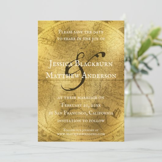  Oude Wereldkaart Antiek  goud Save The Date (Staand voorkant)