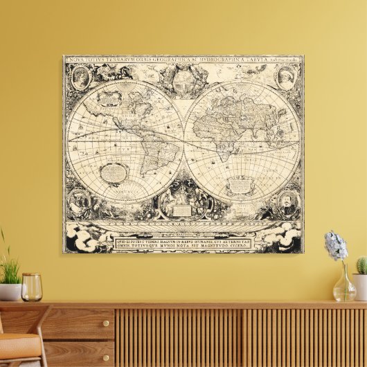  Oude Wereldkaart Beige en Zwart Canvas Afdruk (Insitu (Woonkamer))