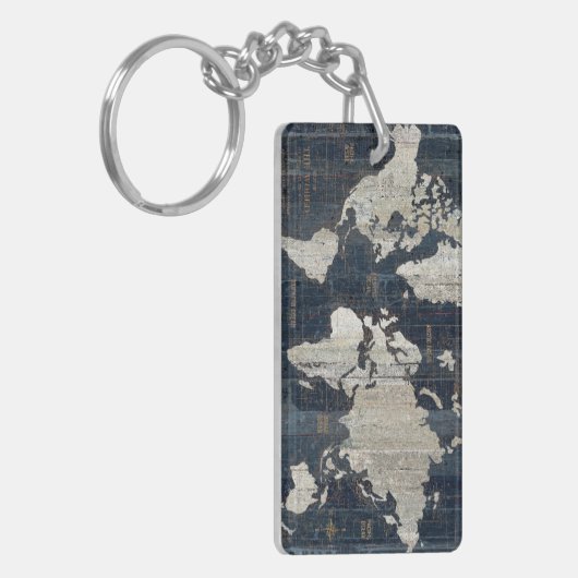Oude Wereldkaart blauw Sleutelhanger (Voorkant Links)