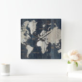 Oude Wereldkaart blauw Vierkante Klok (Huis)