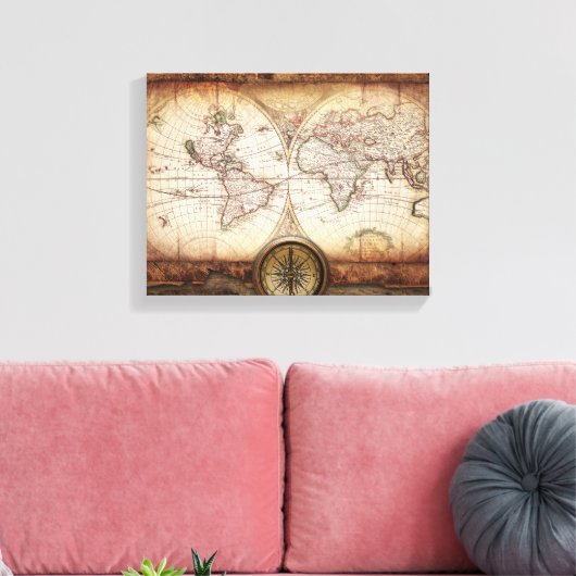 Oude Wereldkaart en Compass Wrapped Canvas (Insitu (Woonkamer))