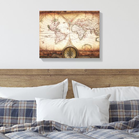 Oude Wereldkaart en Compass Wrapped Canvas (Insitu (Slaapkamer))