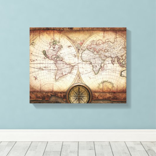 Oude Wereldkaart en Compass Wrapped Canvas (Insitu (Houten vloer))