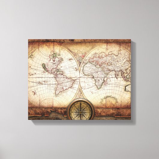 Oude Wereldkaart en Compass Wrapped Canvas (Voorkant)