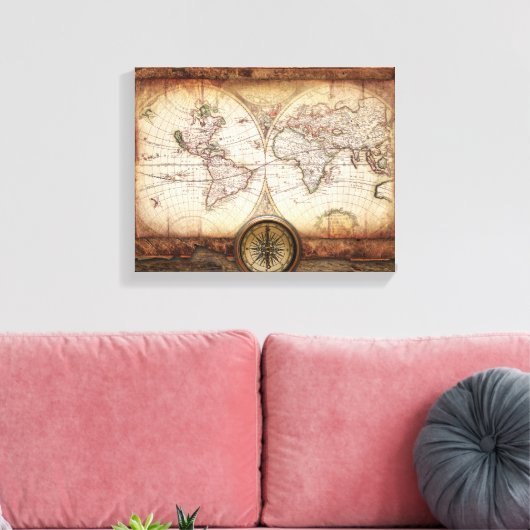 Oude Wereldkaart en Compass Wrapped Canvas (Insitu (Woonkamer))