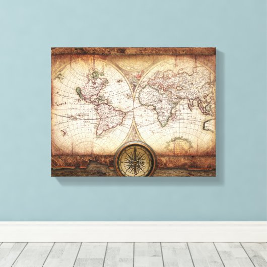 Oude Wereldkaart en Compass Wrapped Canvas (Insitu (Houten vloer))