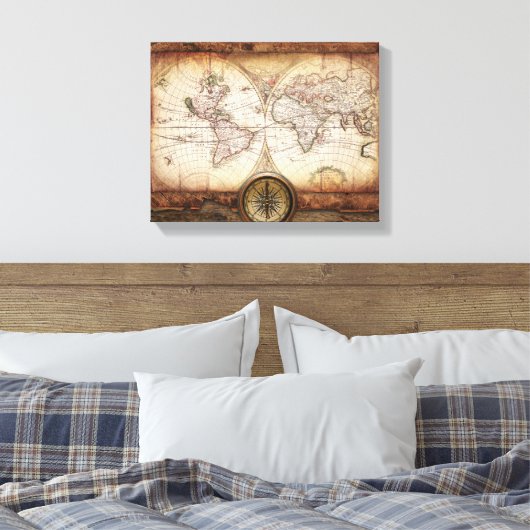 Oude Wereldkaart en Compass Wrapped Canvas (Insitu (Slaapkamer))