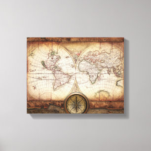 Oude Wereldkaart en Compass Wrapped Canvas Afdruk