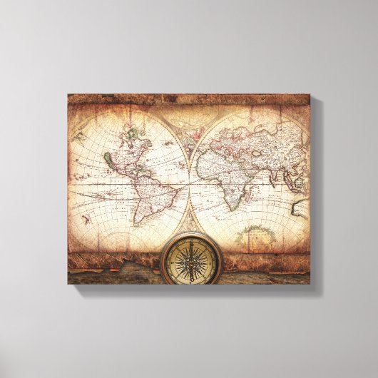 Oude Wereldkaart en Compass Wrapped Canvas Afdruk (Voorkant)