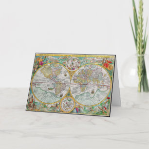 Oude Wereldkaart met kleurrijk kunstwerk Kaart