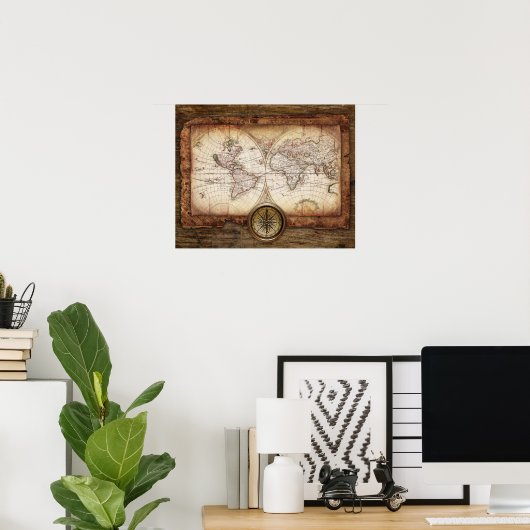 Oude Wereldkaart met kompas Poster (Thuiskantoor)