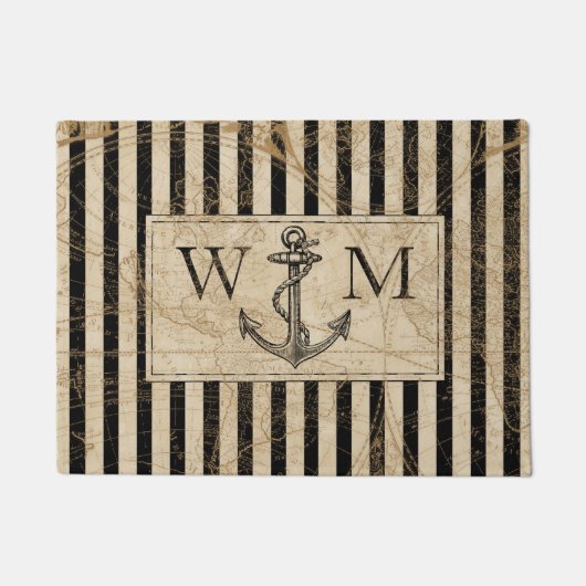 Oude Wereldkaart Nautical Anchor Monogram Deurmat (Voorkant)