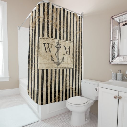 Oude Wereldkaart Nautical Anchor Monogram Douchegordijn (In situ)