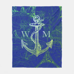 Oude Wereldkaart Nautical Anchor Monogram Fleece Deken