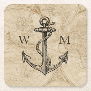 Oude Wereldkaart Nautical Anchor Monogram Kartonnen Onderzetters