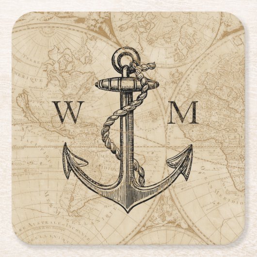 Oude Wereldkaart Nautical Anchor Monogram Kartonnen Onderzetters (Voorkant)
