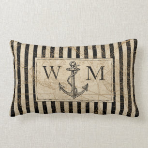 Oude Wereldkaart Nautical Anchor Monogram Kussen