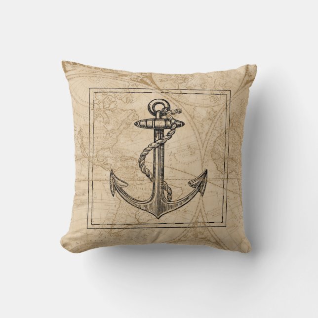 Oude Wereldkaart Nautical Anchor Monogram Kussen (Voorkant)