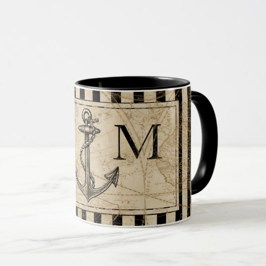 Oude Wereldkaart Nautical Anchor Monogram Mok (Voorkant rechts)