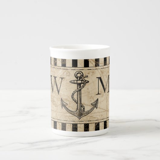 Oude Wereldkaart Nautical Anchor Monogram Porselein Kop (Voorkant)