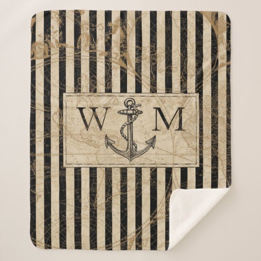 Oude Wereldkaart Nautical Anchor Monogram Sherpa Deken (Voorkant)