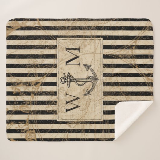 Oude Wereldkaart Nautical Anchor Monogram Sherpa Deken (Voorkant (horizontaal))
