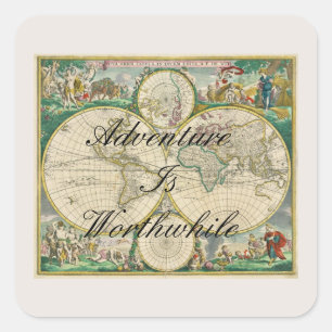 Oude wereldkaart Reizen Vakantie Avontuur Citaten Vierkante Sticker