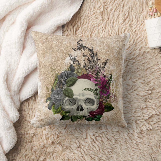 Oude Wereldoornroze Floral Skull op Gold Kussen (Deken)