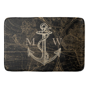 Oude wereldreis Nautical Anchor Monogram zwart Badmat