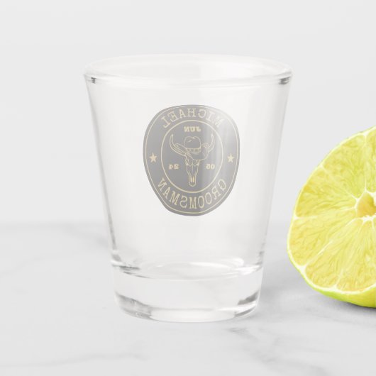 Oude West Cowboy Rusto logo Persoonlijke Bruidsjon Shot Glas (Achterkant)
