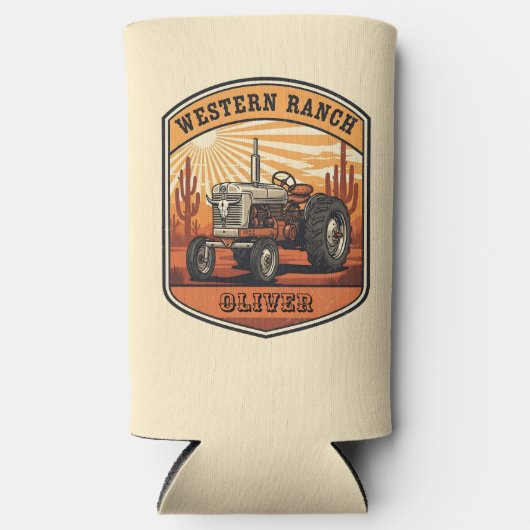 Oude western ranch tractor woestijn zonsondergang seltzer blikjeskoeler (Voorkant)