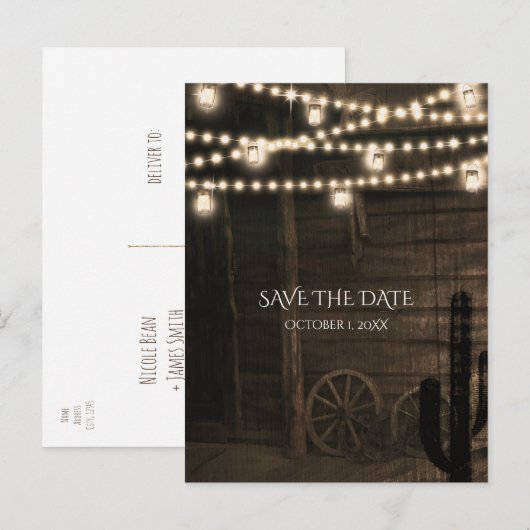 Oude western saloon rustieke trouwdag opslag tot d aankondigingskaart (Voorkant / Achterkant)