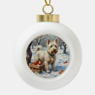 Oude Westie in Besneeuwde Winterboomgaard Kerstmis Keramische Bal Ornament