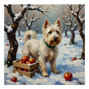 Oude Westie in Besneeuwde Winterboomgaard Kerstmis Perfect Poster