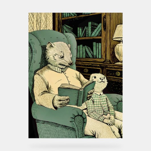 Oude wezel die een boek voorleest aan een jonge we acryl bord (Voorkant)